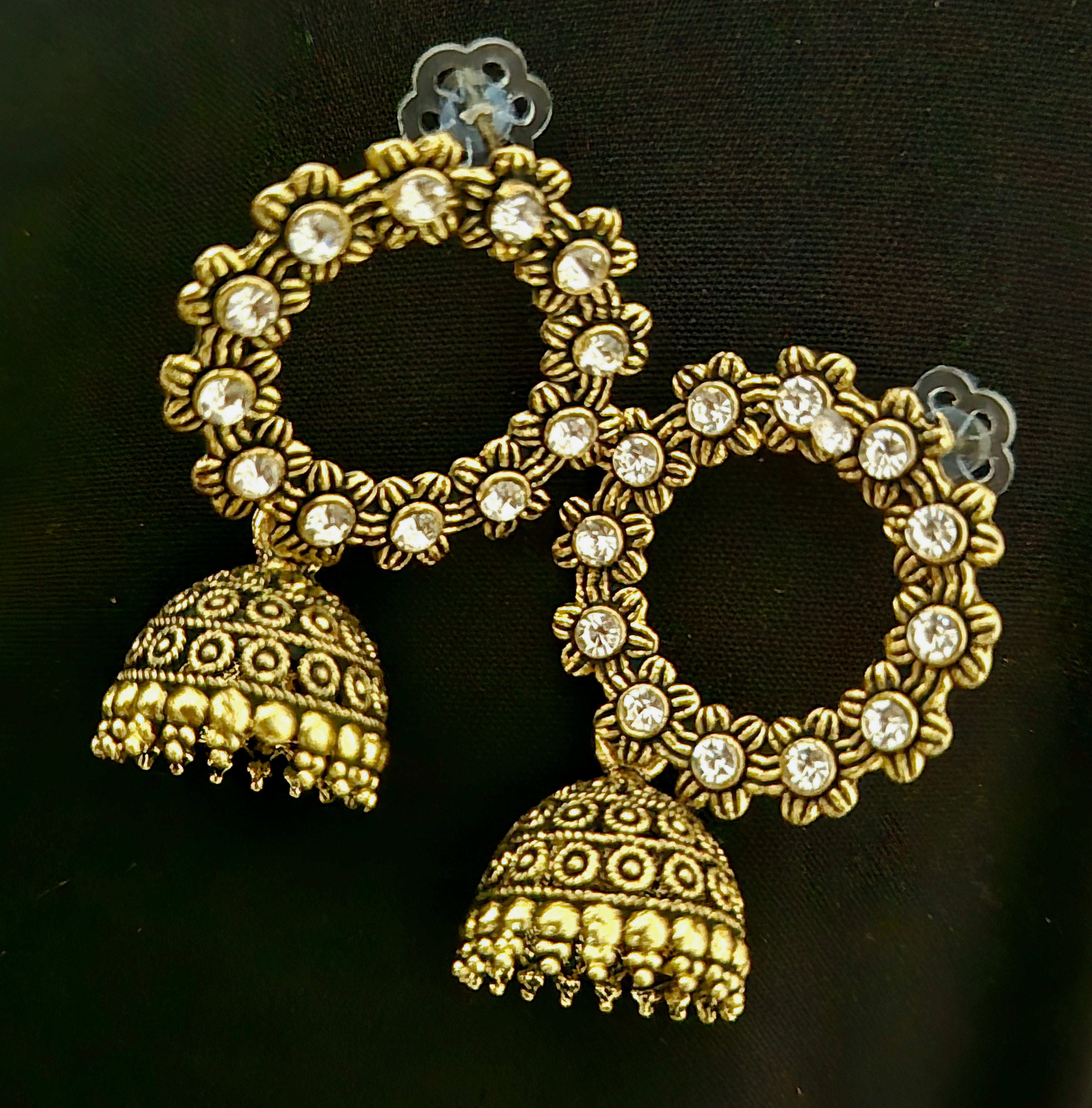 Designer Stone Studded Gold Plated Double Hoop Jhumka Earrings for Women & Girls – Party & Festive Wear