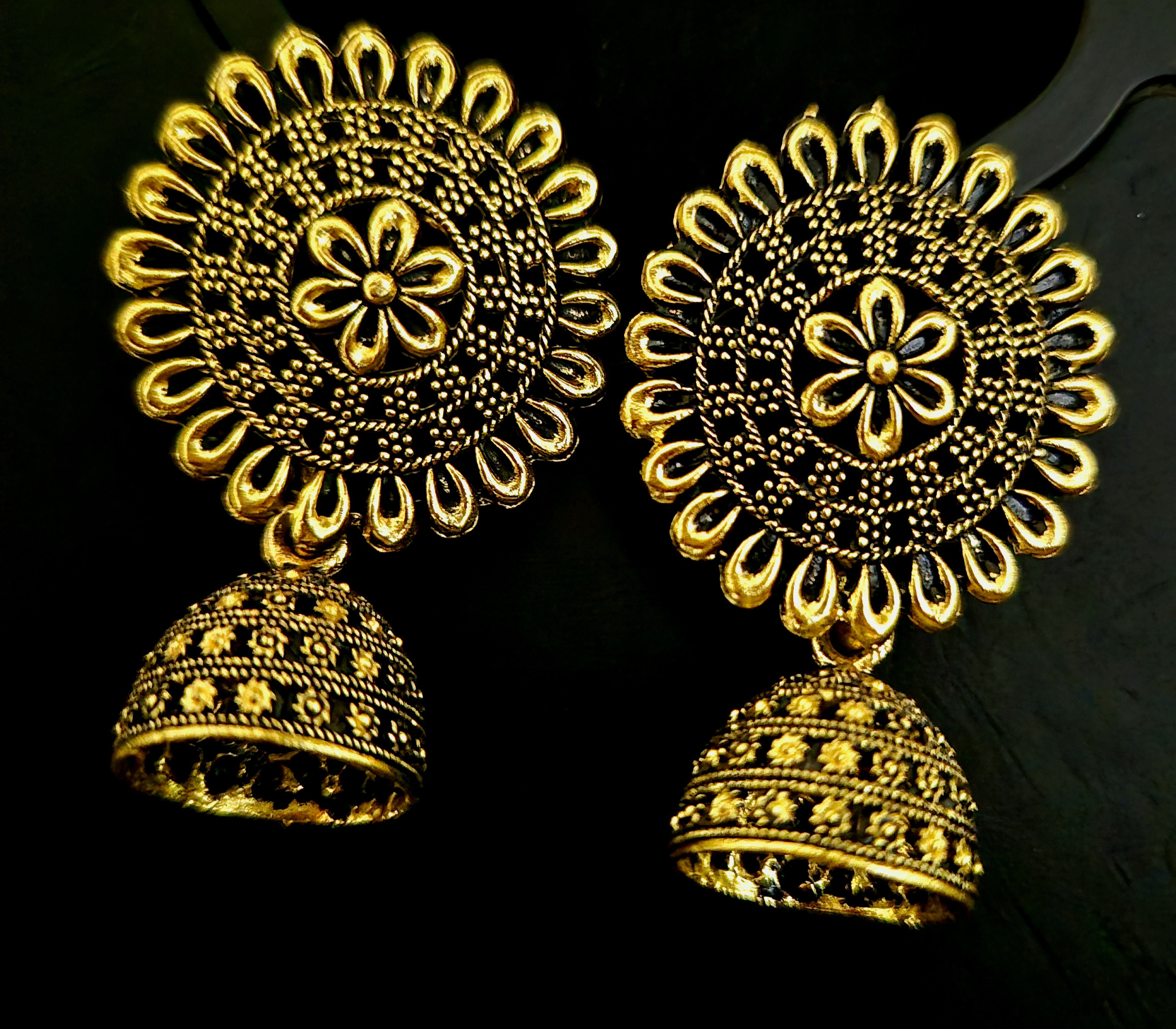 Traditional Gold Plated Jhumka Earrings for Women - Antique Floral Indian Ethnic Jewelry