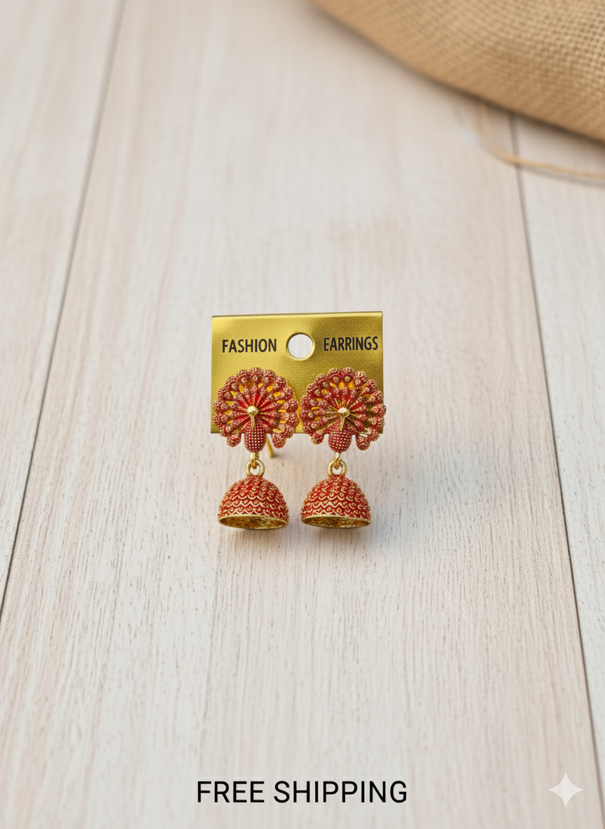 Elegant Red & Gold Plated Peacock Design Jhumka Earrings for Women