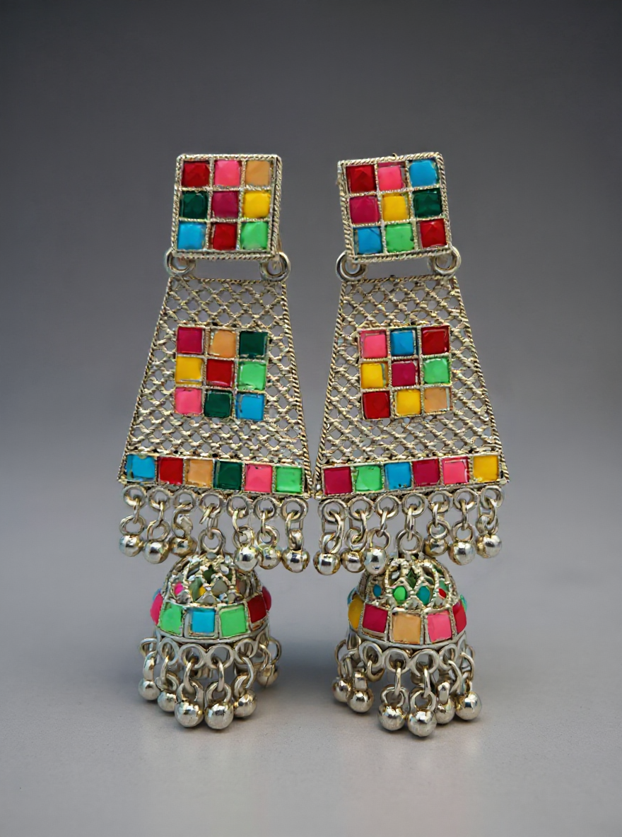 Trendy Multicolor Enamel Oxidised Jhumka Earrings for Women & Girls – Ethnic Party Wear Geometric Dangler