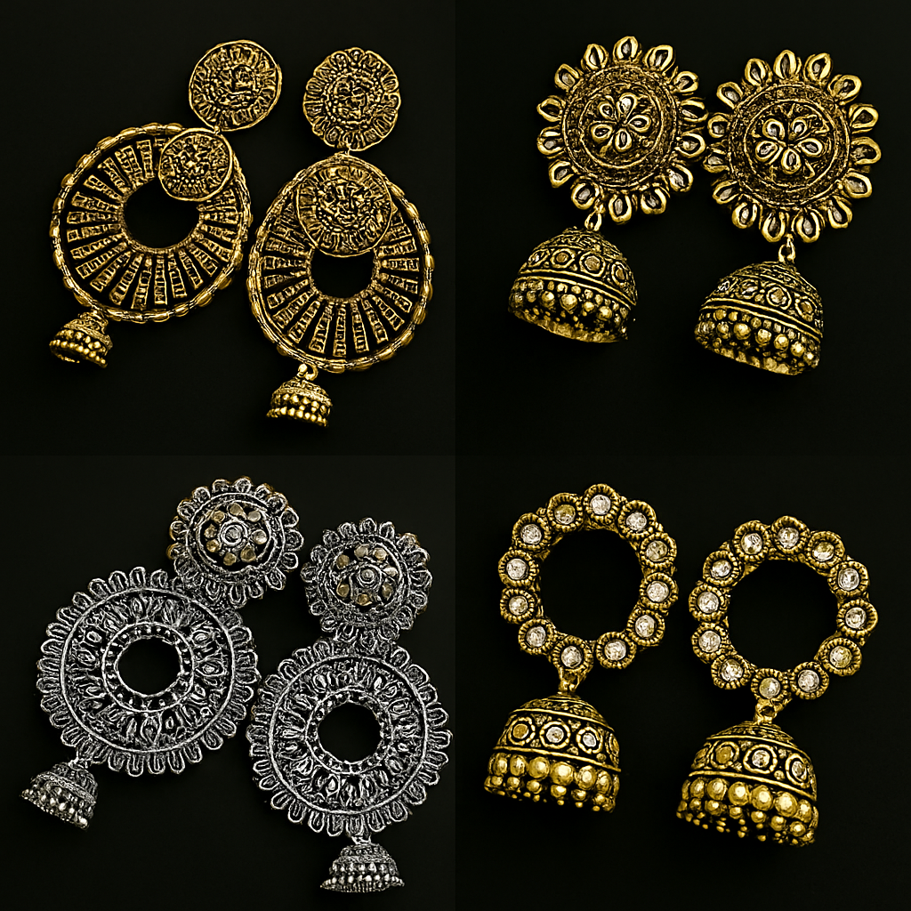 Premium Oxidized Jhumka Earrings Combo for Women – Set of 4 Antique Gold & Silver Plated Statement Earrings